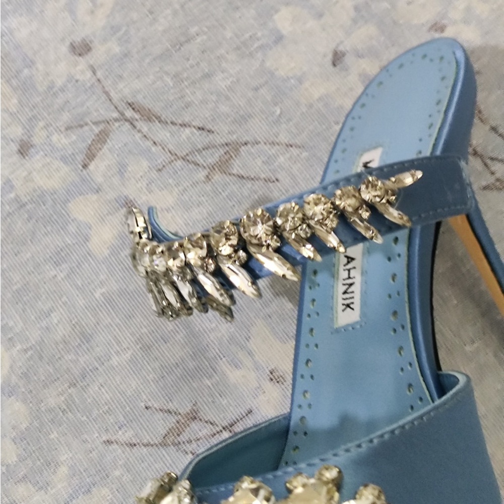 Manolo Blahnik Sky Blue Satin Crystal-Embellished Mule - Picture 6 of 14